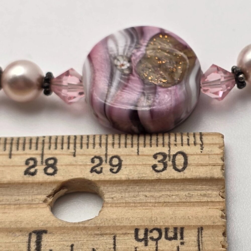 Pink Lampwork Glass Pendant Necklace Murano Style Gold Foil Sterling Clasp 18 In - Picture 8 of 8